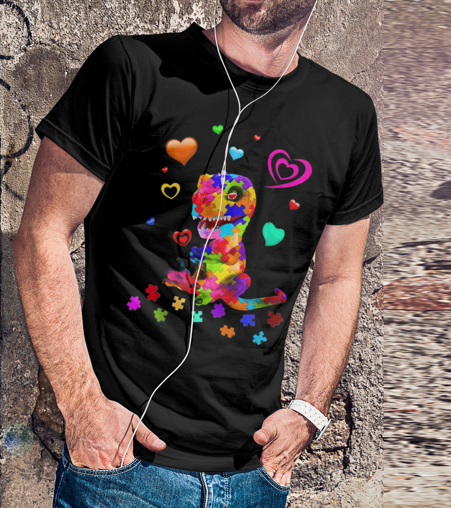 Autism Awareness Dinosaur Puzzle Pieces And Colorful Hearts T-Shirt