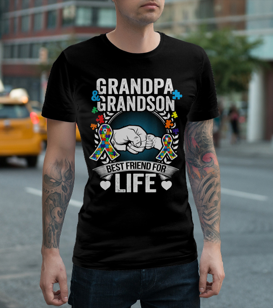 Grandpa and Grandson Best Friend for Life Autism Awareness Fist Bump Puzzle T-Shirt