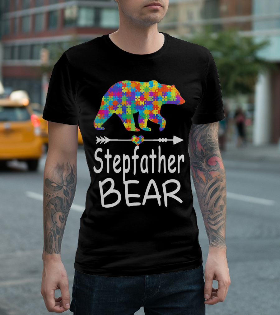 Stepfather Bear Puzzle Pattern Autism Awareness Family T-Shirt