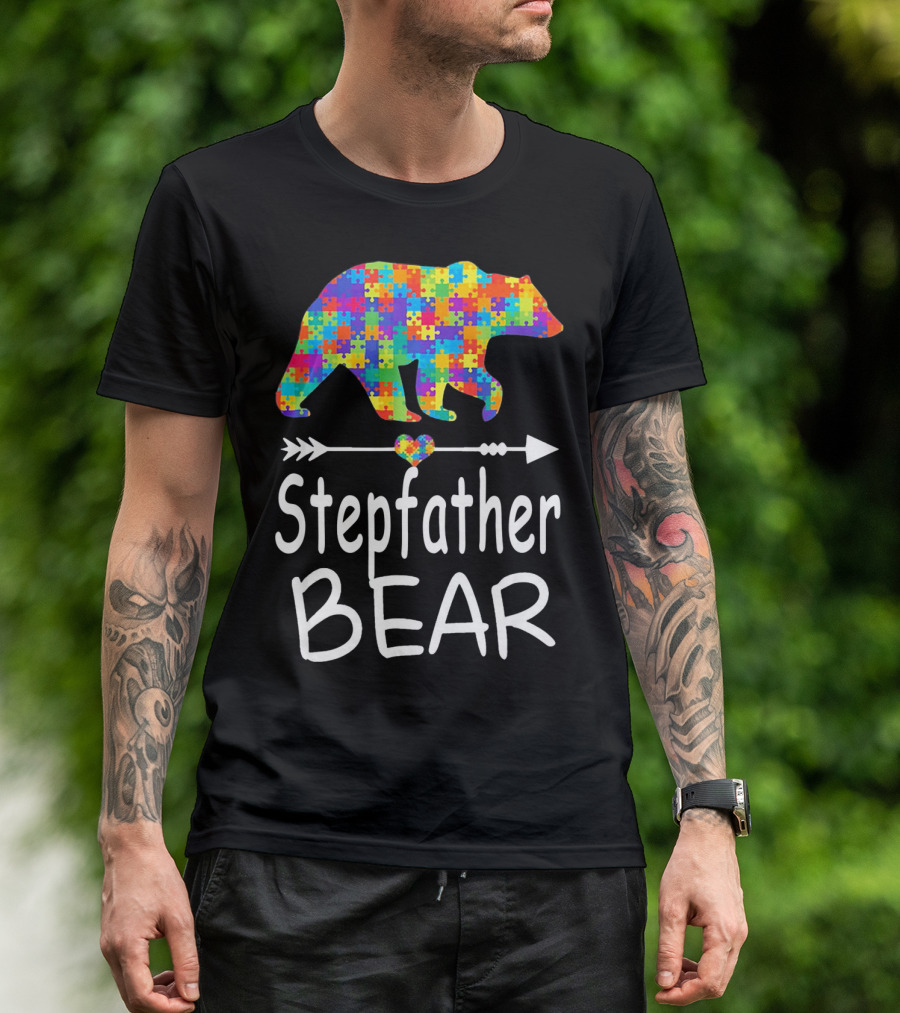 Stepfather Bear Puzzle Pattern Autism Awareness Family T-Shirt