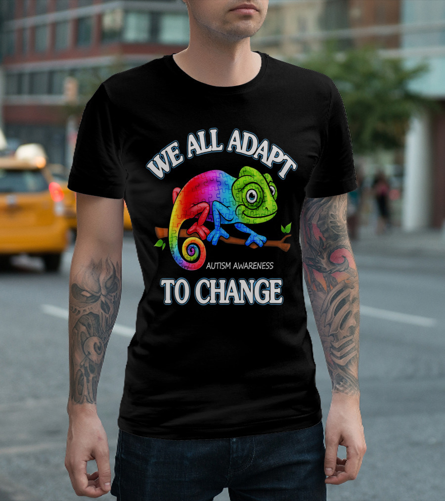 We All Adapt To Change Autism Awareness Puzzle Chameleon T-Shirt