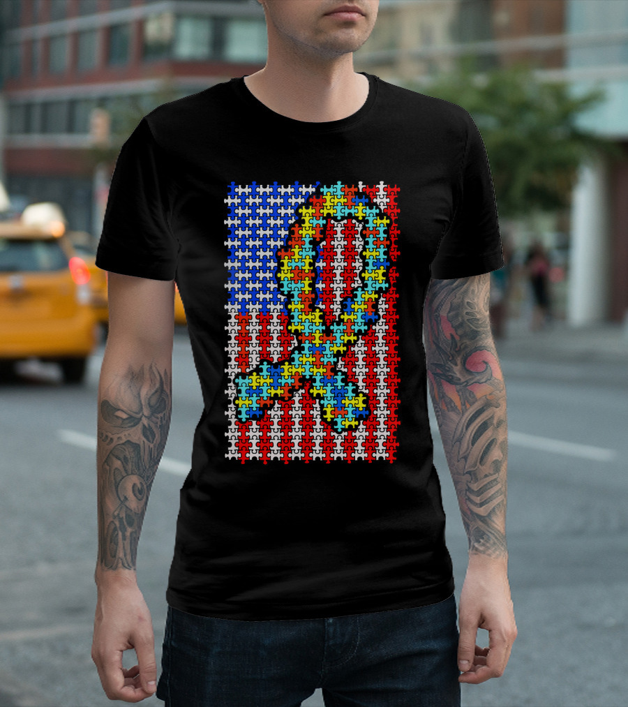 Autism Awareness Puzzle Ribbon US Flag Disability T-Shirt