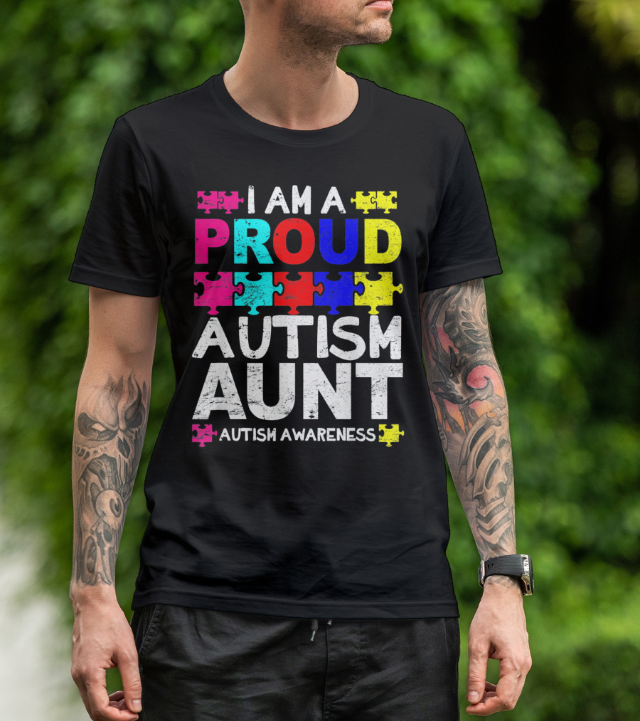 I Am A Proud Autism Aunt Autism Awareness Puzzle Pieces T-Shirt
