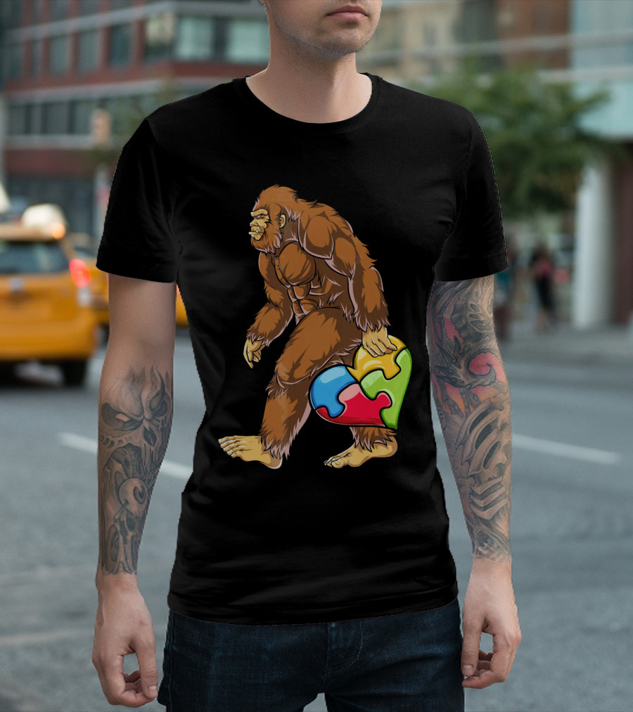 Bigfoot Holding Puzzle Piece Heart Autism Awareness T-Shirt