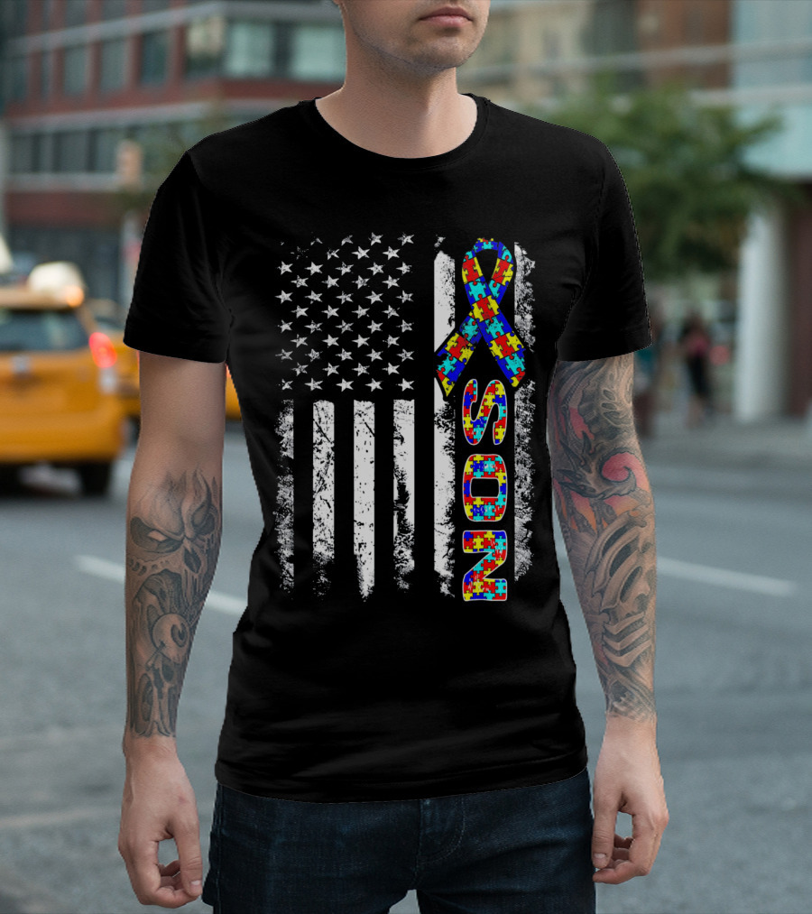 Son Autism Awareness Puzzle Ribbon American Flag T-Shirt