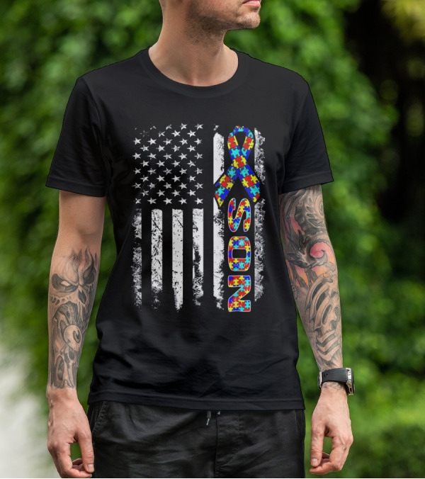 Son Autism Awareness Puzzle Ribbon American Flag T-Shirt