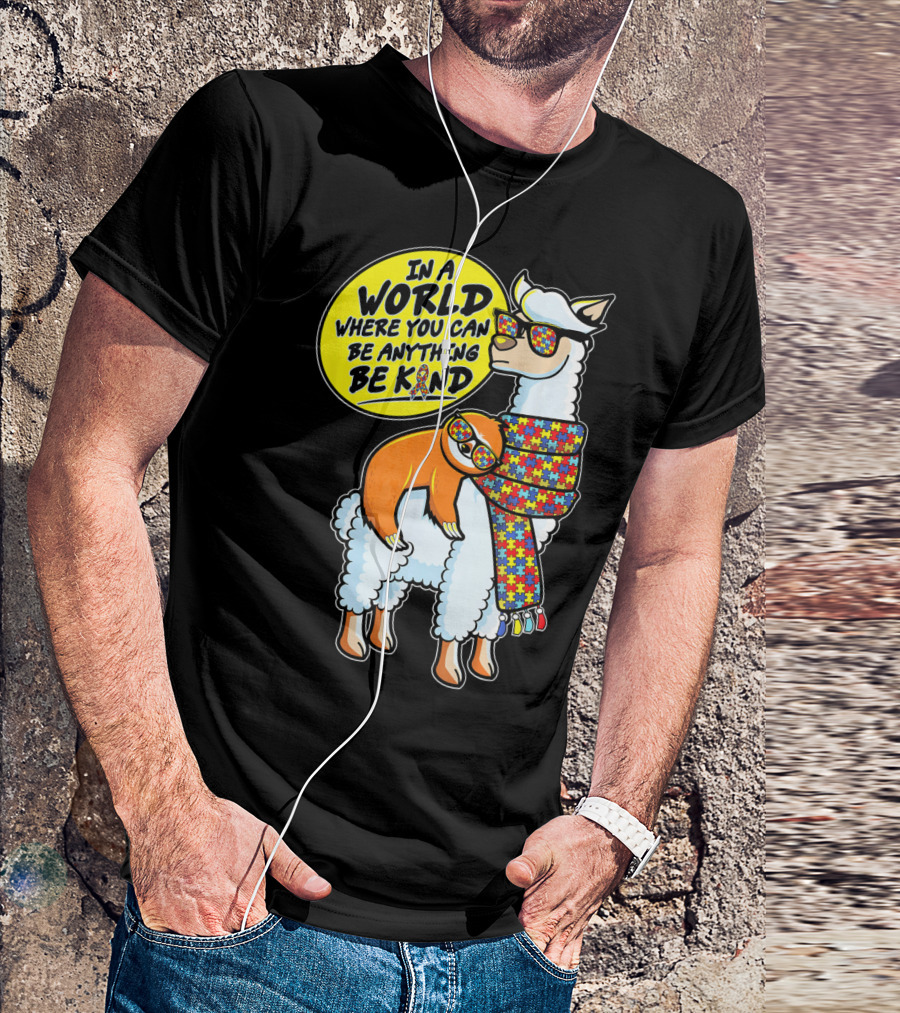In A World Where You Can Be Anything Be Kind Autism Awareness Sloth Riding Llama T-Shirt