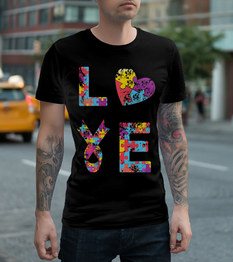Autism Awareness Love Puzzle Heart Ribbon Design for Women Men Kids Rib T-Shirt