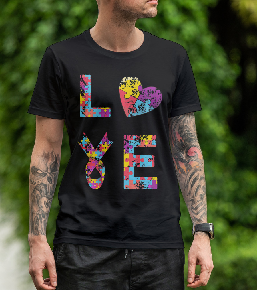 Autism Awareness Love Puzzle Heart Ribbon Design For Women Men Kids Rib T-Shirt