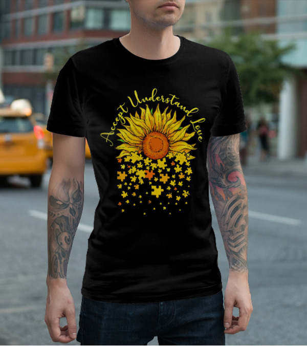 Accept Understand Love Sunflower Autism Awareness Puzzle Pieces T-Shirt