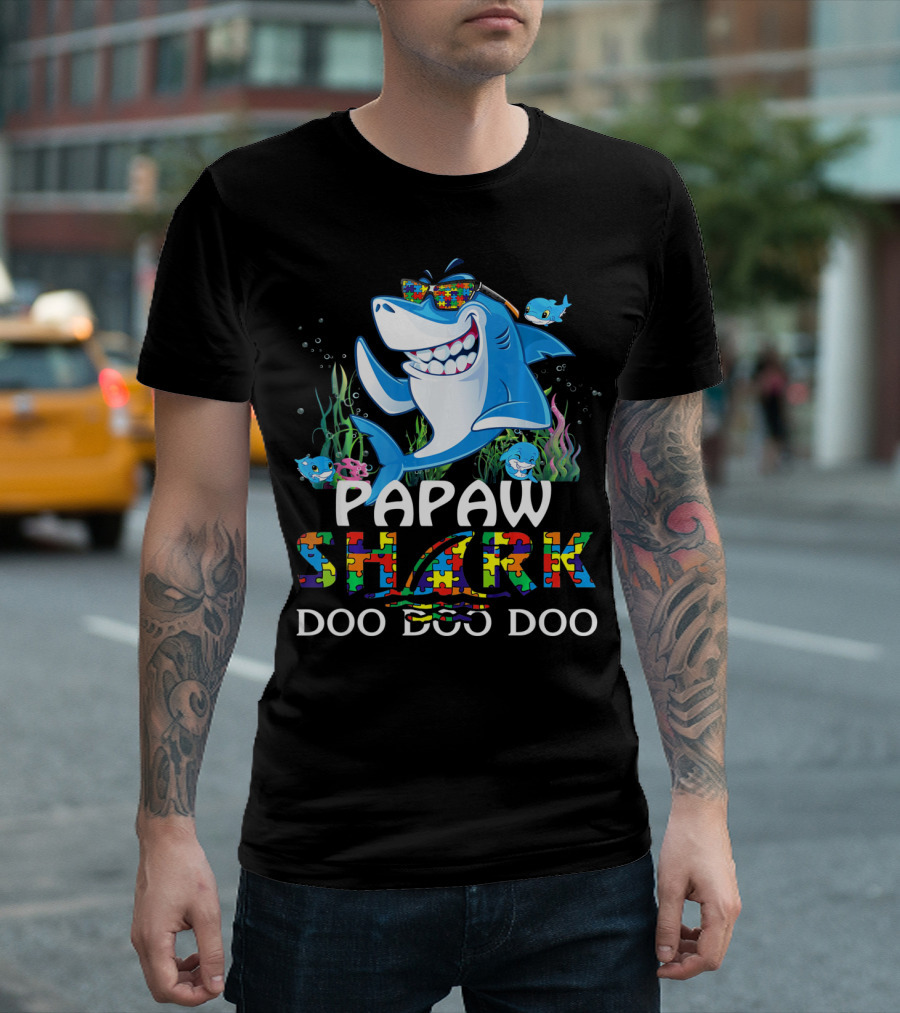 Papaw Shark Doo Doo Doo Autism Awareness Puzzle T-Shirt