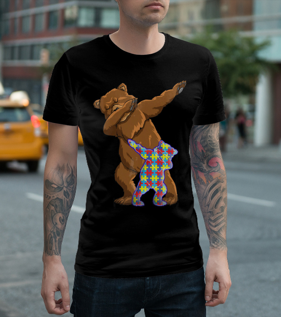 Dabbing Mama Bear with Autism Puzzle Pattern Cub T-Shirt