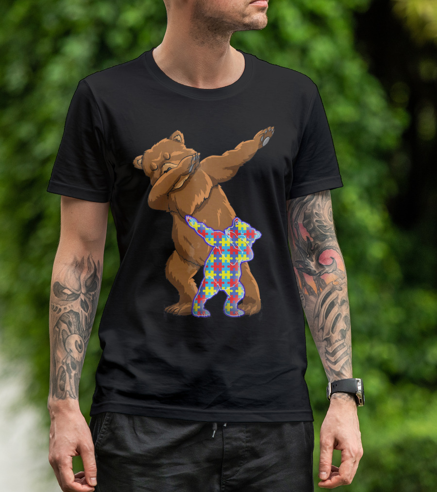 Dabbing Mama Bear With Autism Puzzle Pattern Cub T-Shirt