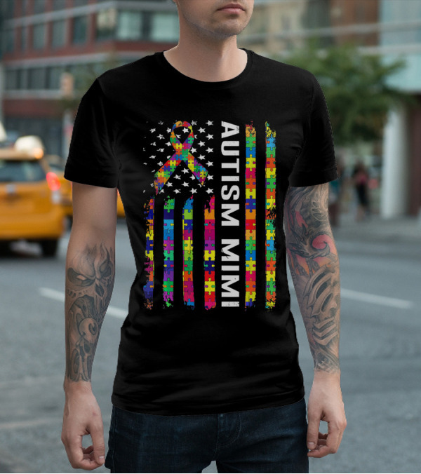 Autism Mimi Puzzle Ribbon American Flag T-Shirt