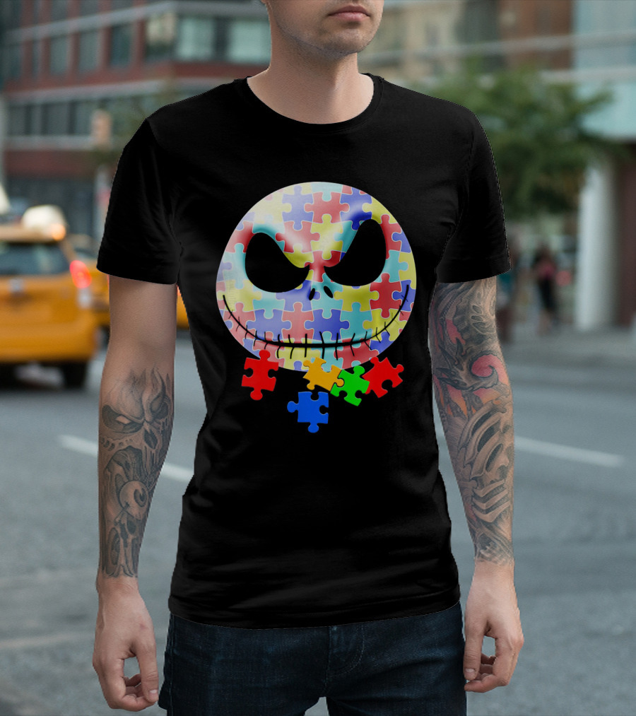Jacks Skellingtons Faces Autism Awareness Puzzle T-Shirt