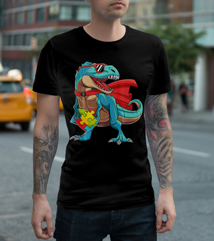 Autism Awareness Dinosaur Puzzle With Superhero Cape And Sunglasses T-Shirt