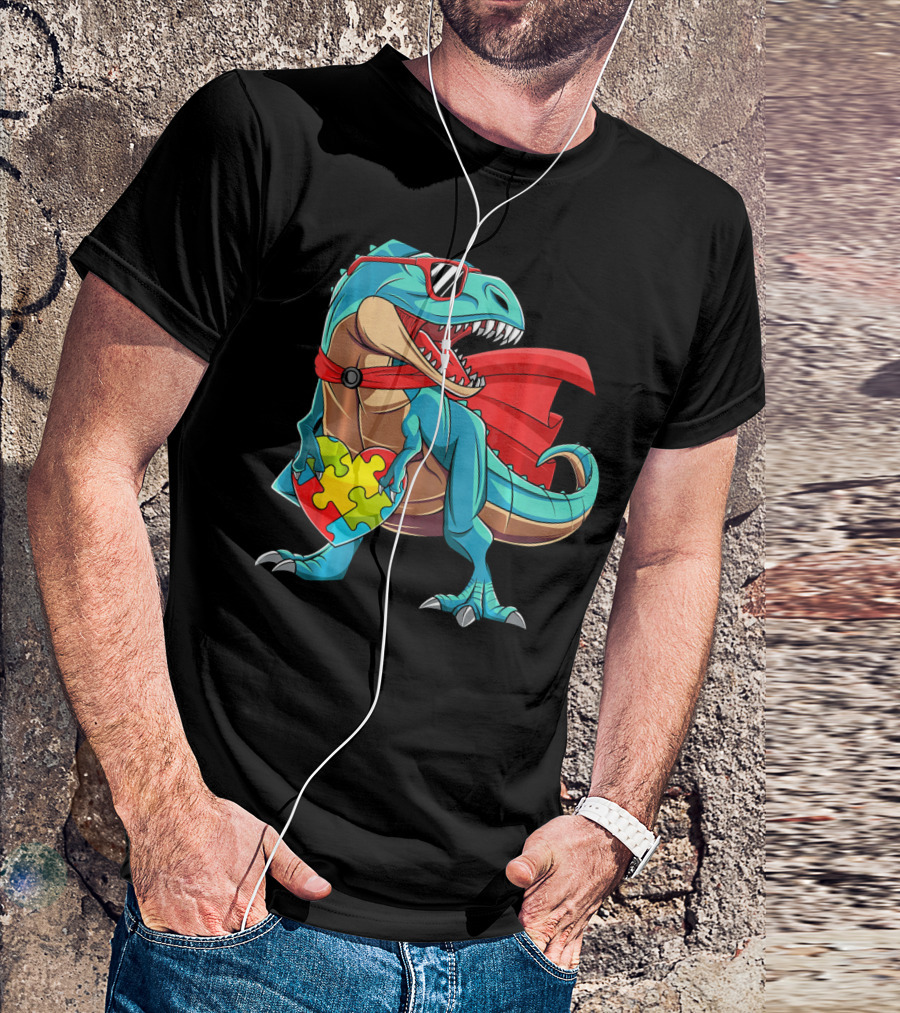 Autism Awareness Dinosaur Puzzle With Superhero Cape And Sunglasses T-Shirt