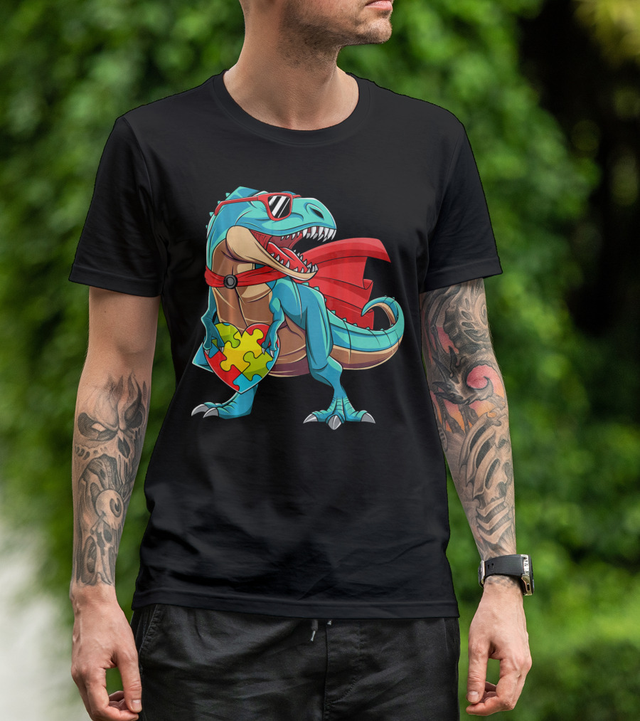 Autism Awareness Dinosaur Puzzle With Superhero Cape And Sunglasses T-Shirt