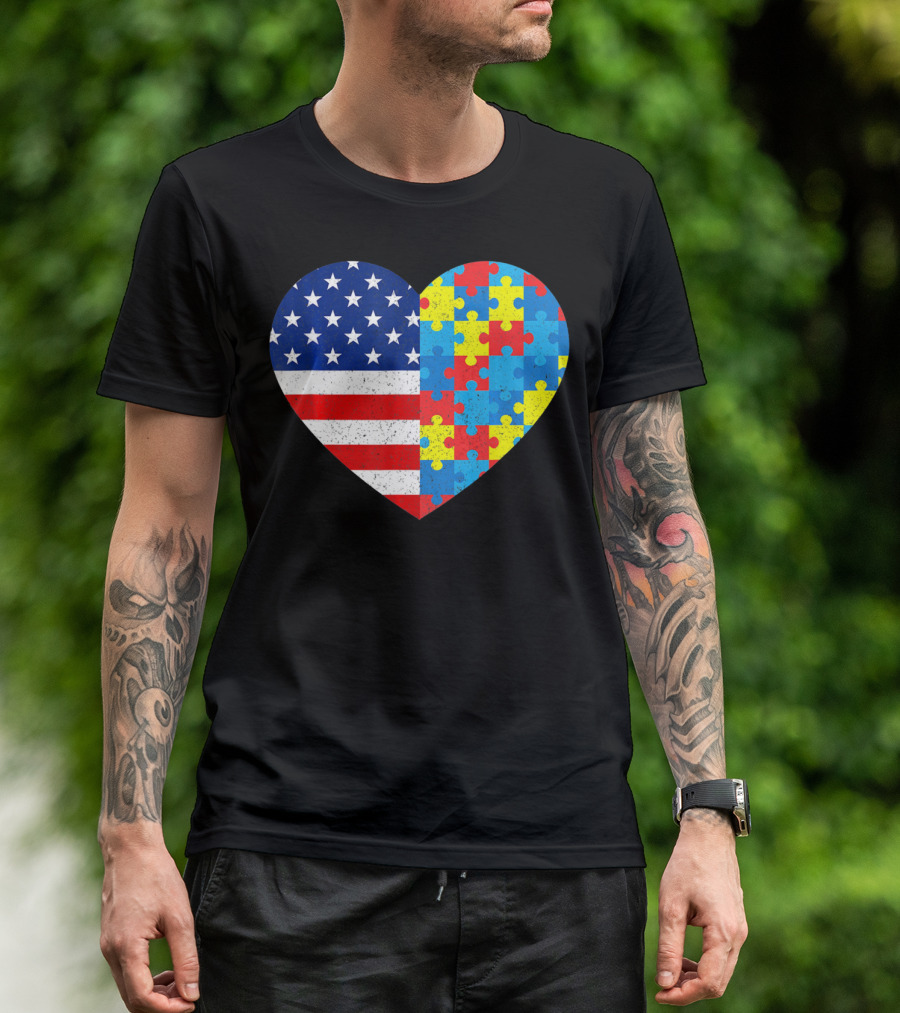 American Flag Heart Autism Awareness Puzzle Piece T-Shirt