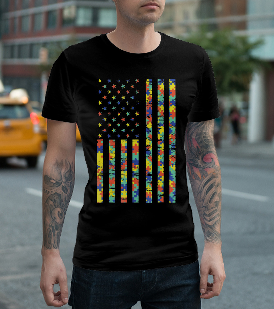 American Flag Puzzle Autism Awareness Stars T-Shirt