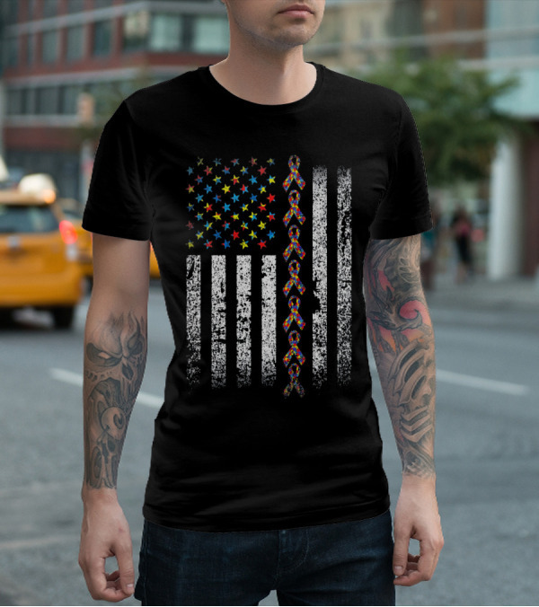USA Flag With Autism Awareness Ribbon T-Shirt