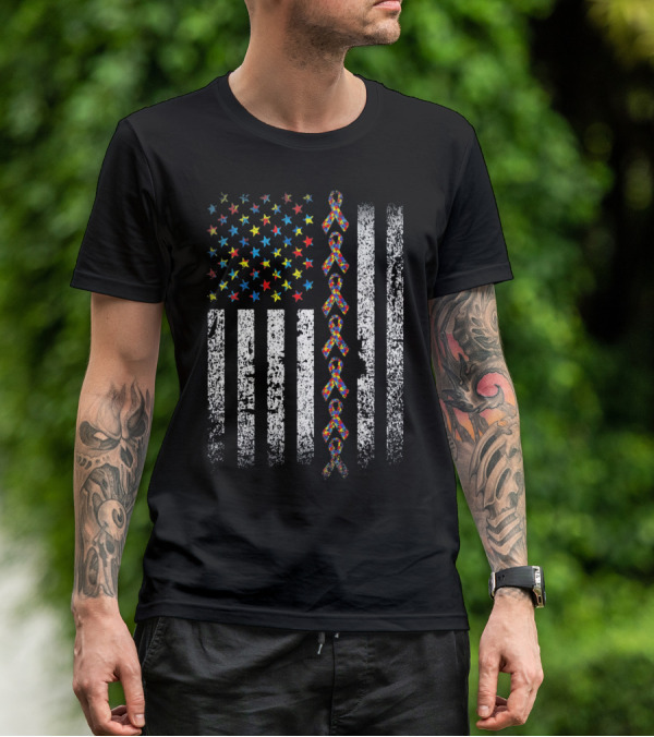 USA Flag With Autism Awareness Ribbon T-Shirt