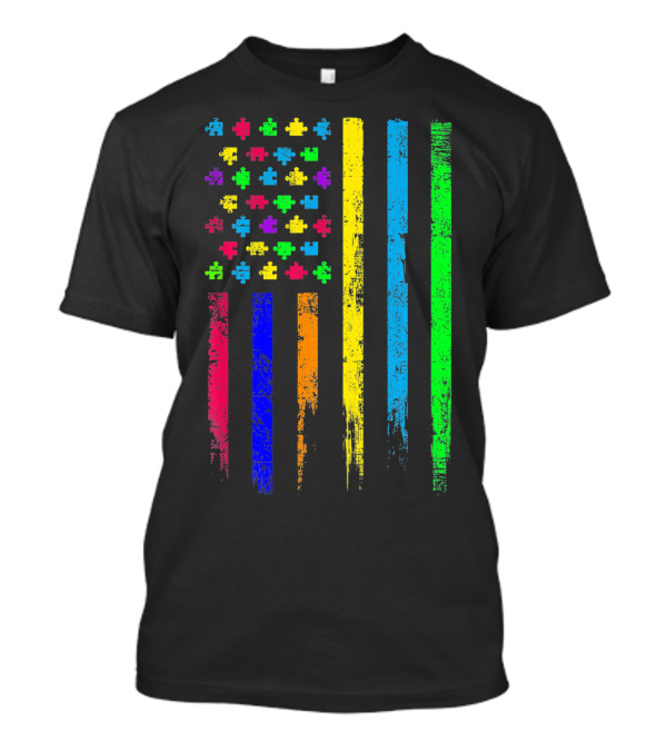 USA Flag Puzzle Pieces Rainbow Stripes T-Shirt