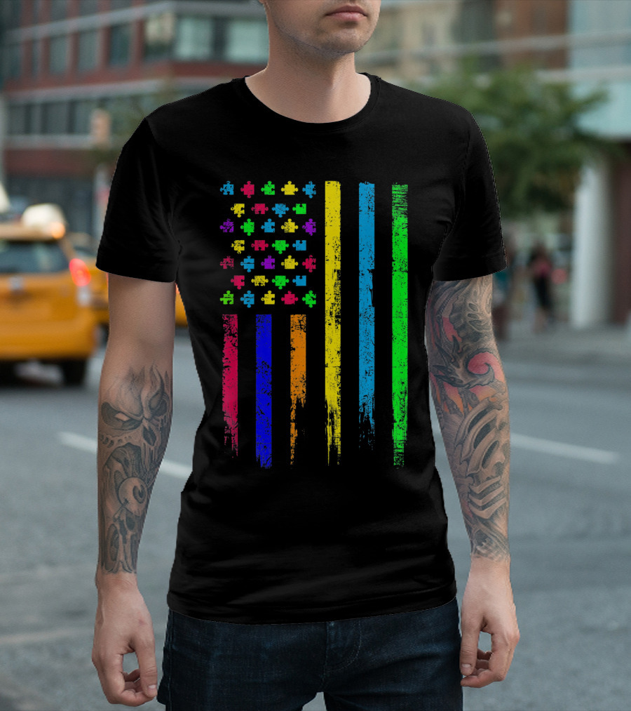 USA Flag Puzzle Pieces Rainbow Stripes T-Shirt