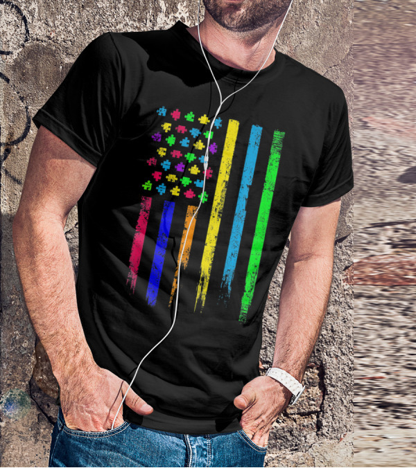 USA Flag Puzzle Pieces Rainbow Stripes T-Shirt