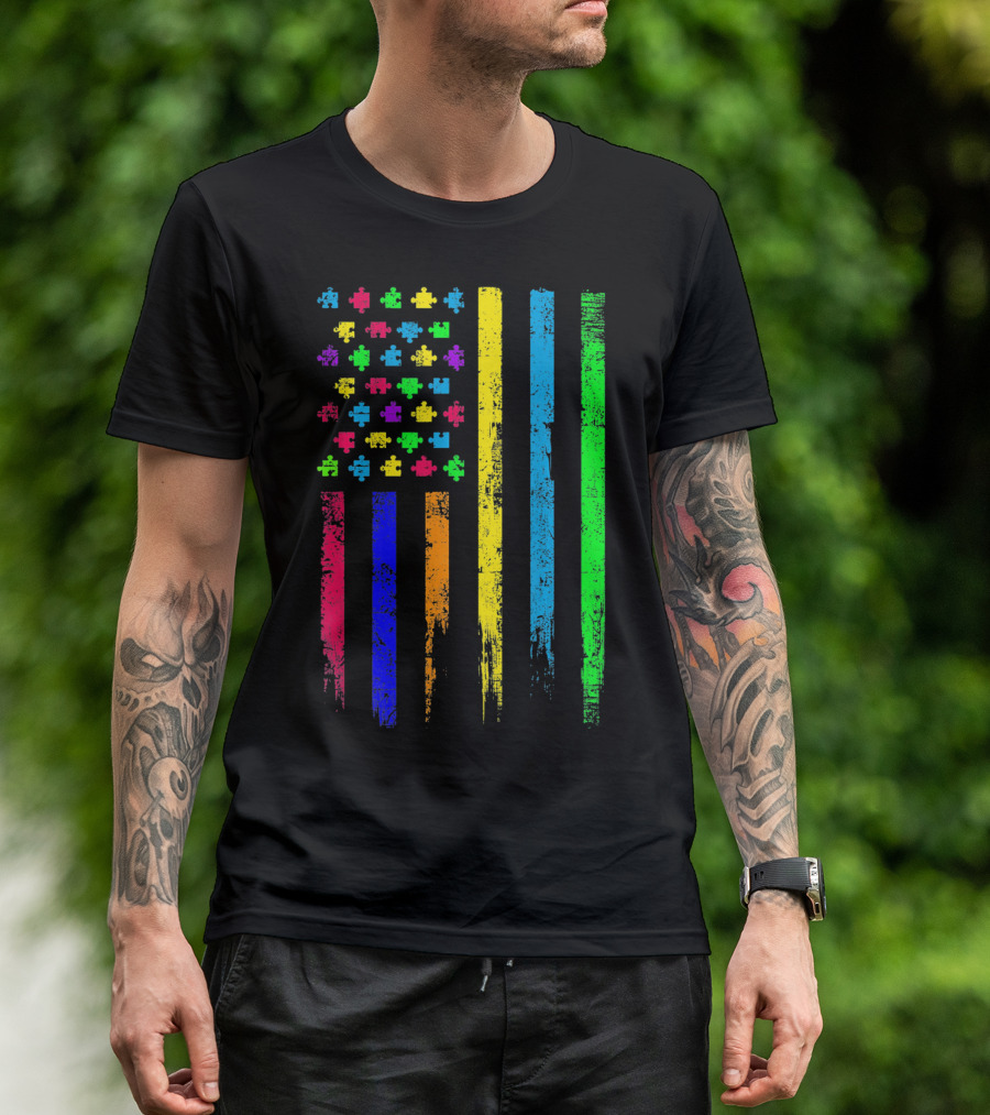 USA Flag Puzzle Pieces Rainbow Stripes T-Shirt