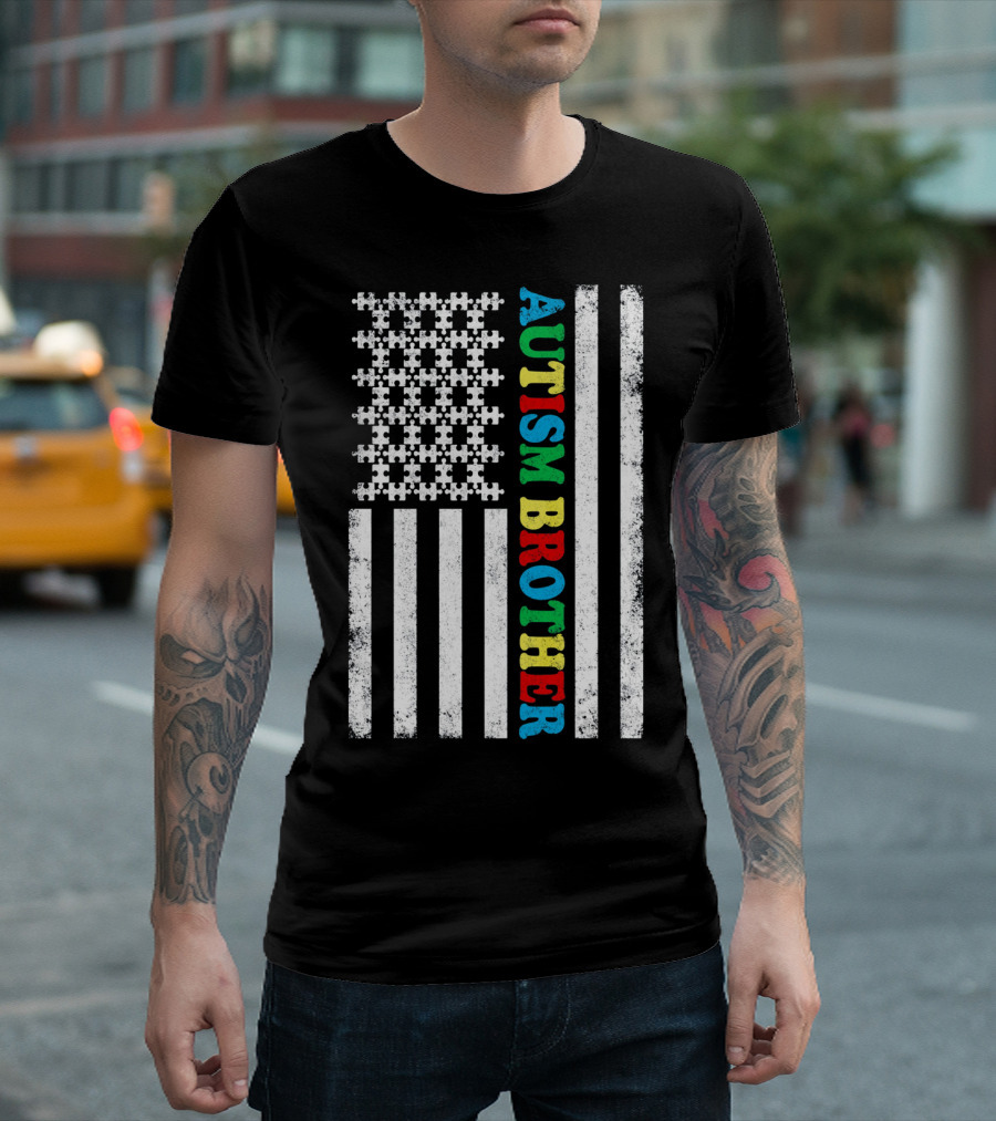 Autism Brother American Flag Puzzle Piece T-Shirt