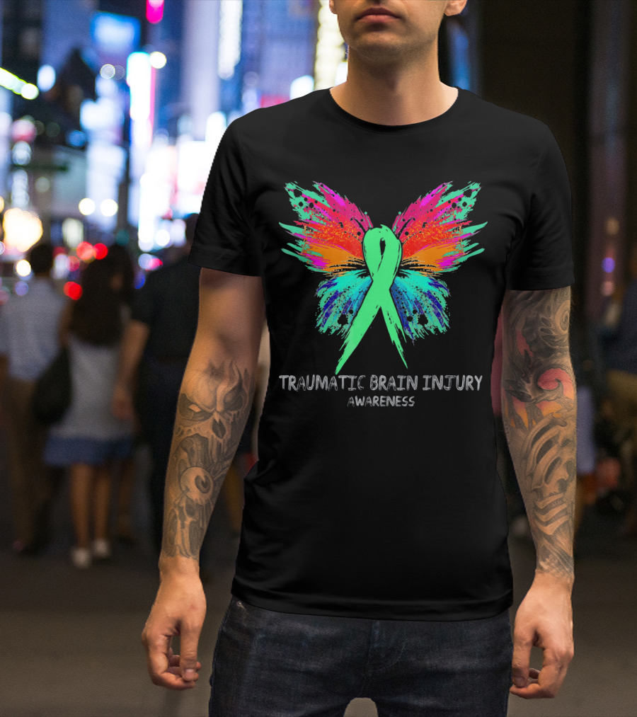 TRAUMATIC BRAIN INJURY Awareness Ribbon Colorful Butterfly T-Shirt