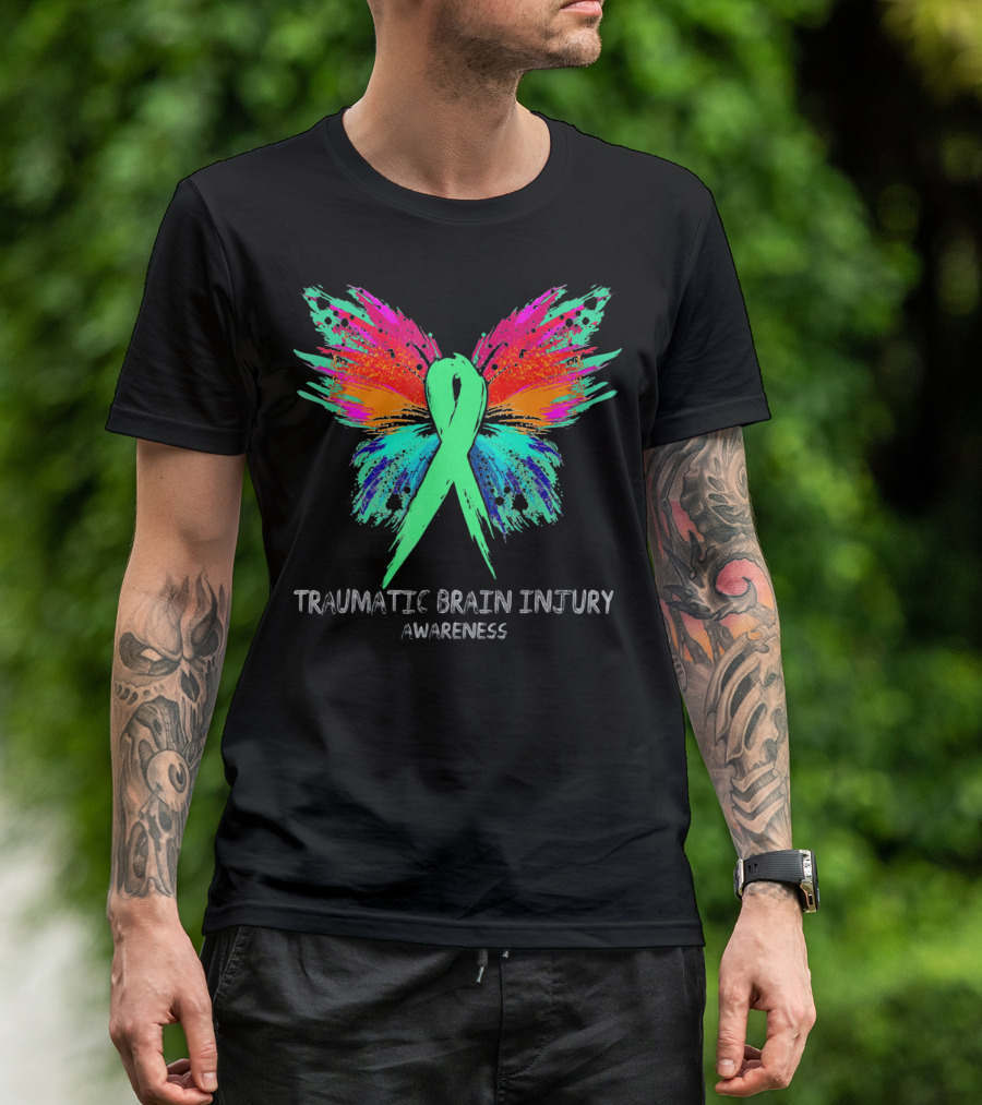 TRAUMATIC BRAIN INJURY Awareness Ribbon Colorful Butterfly T-Shirt