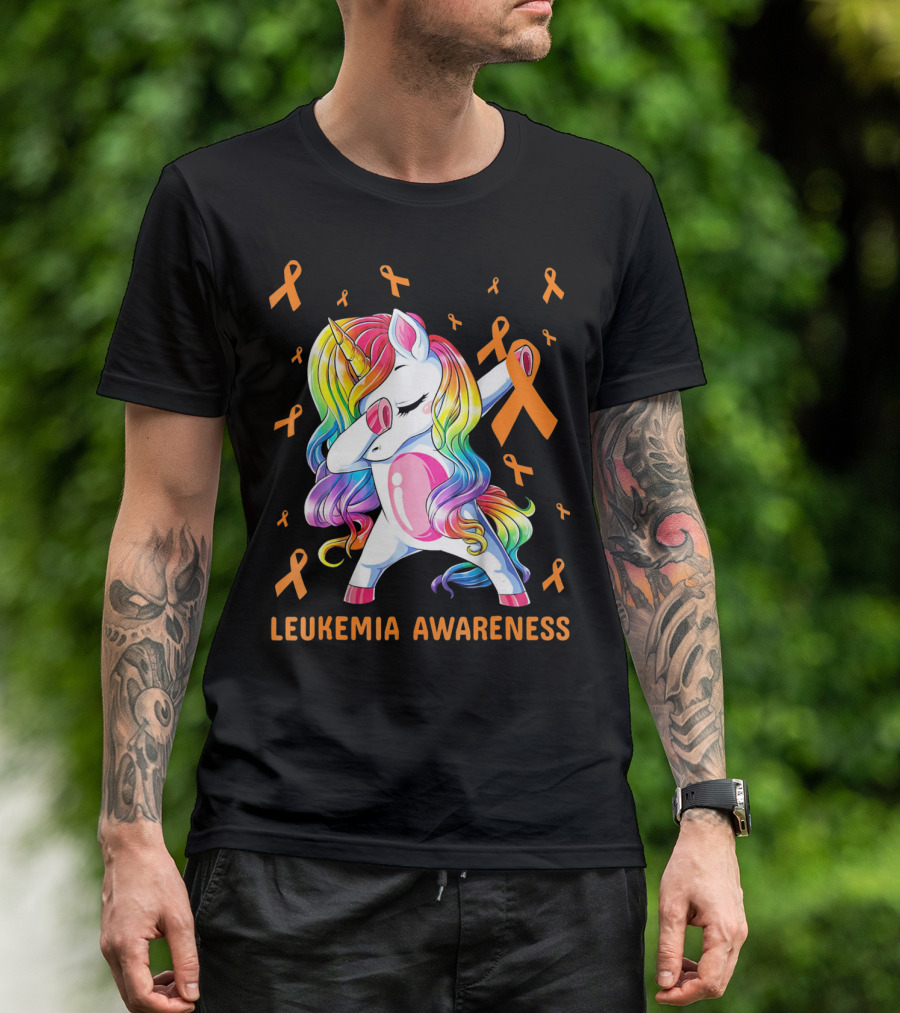 Rainbow Unicorn Dabbing Leukemia Awareness Orange T-Shirt