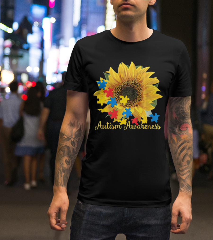 Autism Awareness Sunflower With Puzzle Pieces T-Shirt