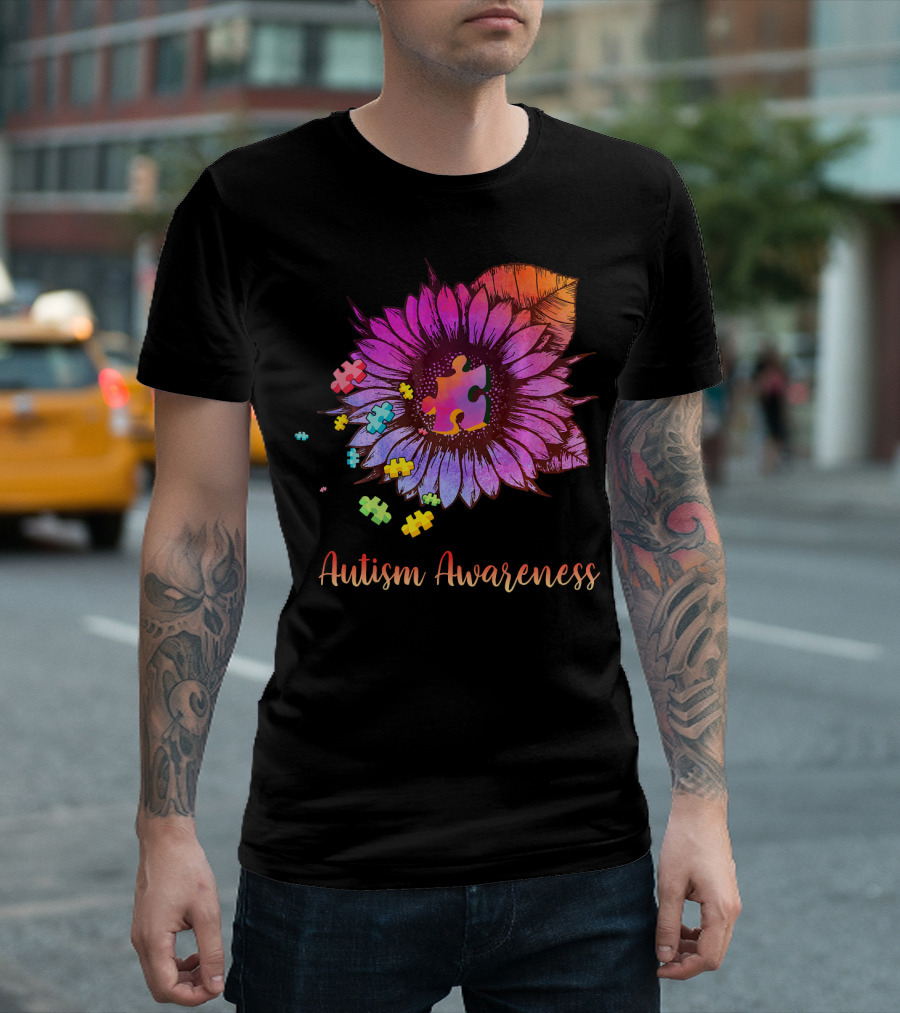 Autism Awareness Puzzle Ribbon Sunflower Hippie T-Shirt