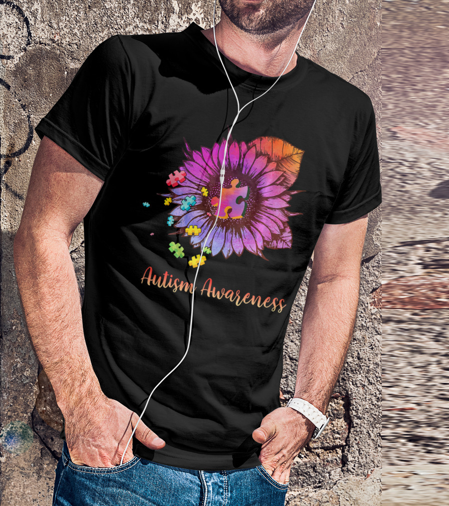 Autism Awareness Puzzle Ribbon Sunflower Hippie T-Shirt