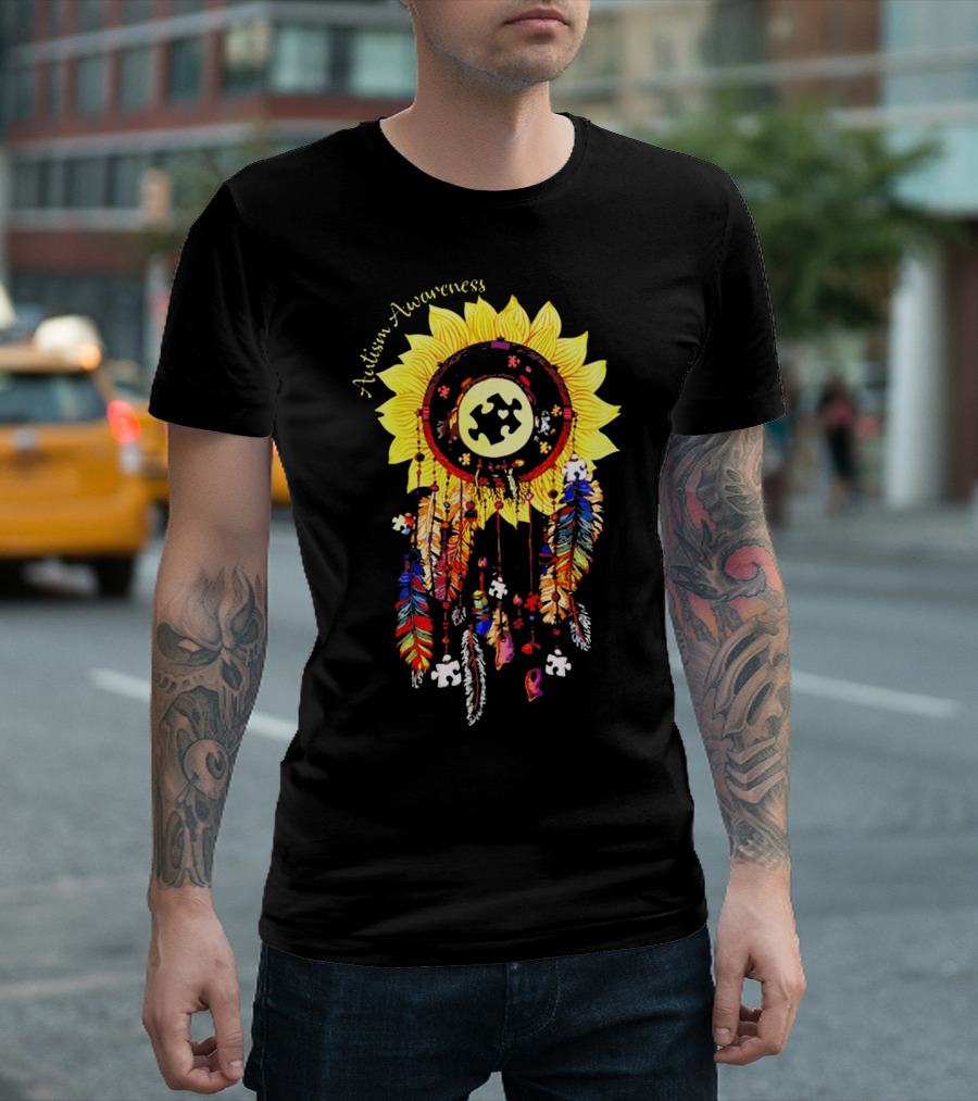 Autism Awareness Dream Catcher Sunflower Puzzle Feathers T-Shirt