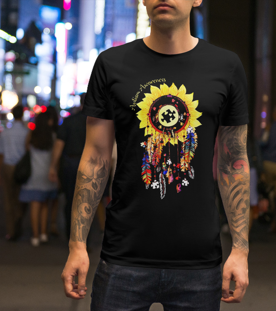 Autism Awareness Dream Catcher Sunflower Puzzle Feathers T-Shirt