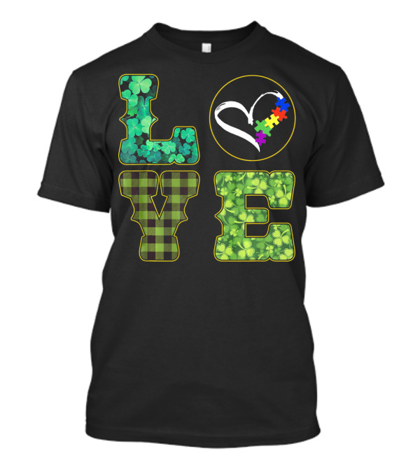 LOVE Shamrocks Plaid Heart Puzzle Autism Awareness St. Patrick's Day T-Shirt