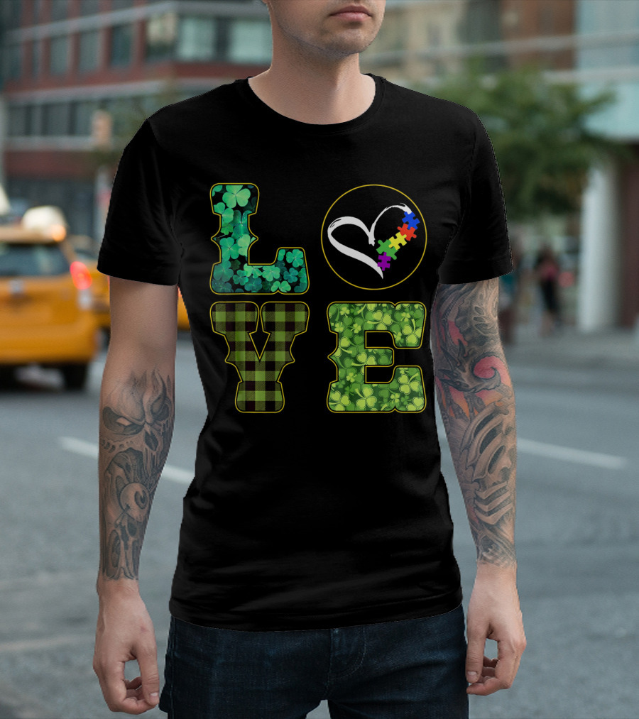 LOVE Shamrocks Plaid Heart Puzzle Autism Awareness St. Patrick's Day T-Shirt