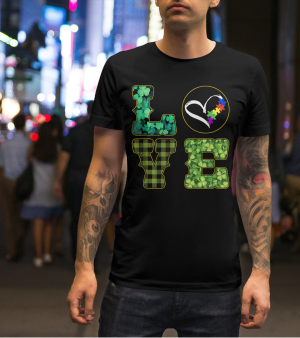 LOVE Shamrocks Plaid Heart Puzzle Autism Awareness St. Patrick's Day T-Shirt