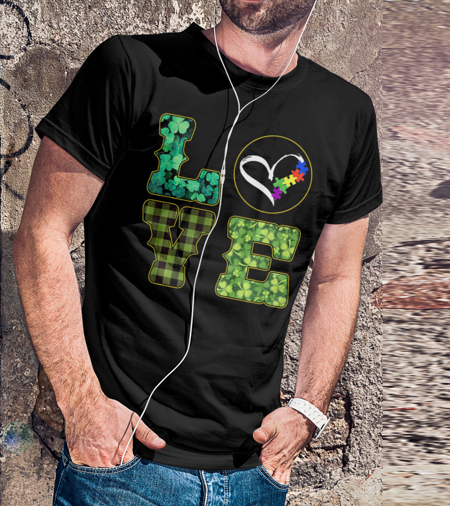 LOVE Shamrocks Plaid Heart Puzzle Autism Awareness St. Patrick's Day T-Shirt