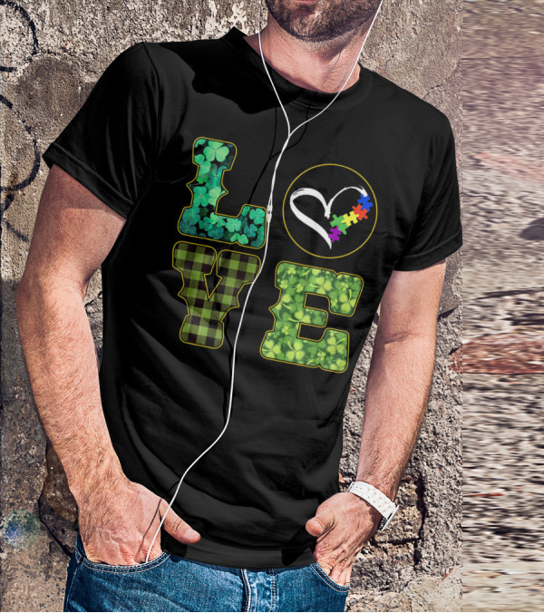 LOVE Shamrocks Plaid Heart Puzzle Autism Awareness St. Patrick's Day T-Shirt