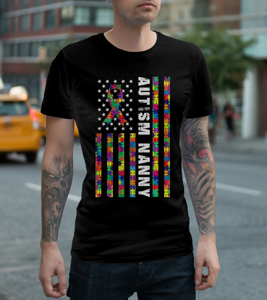 Autism Nanny Puzzle Flag with Rainbow Ribbon Autism T-Shirt