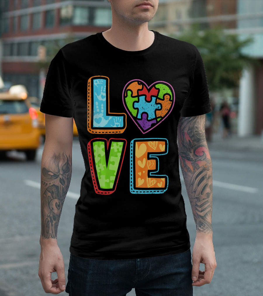 LOVE Heart Autism Awareness Puzzle Handprints T-Shirt