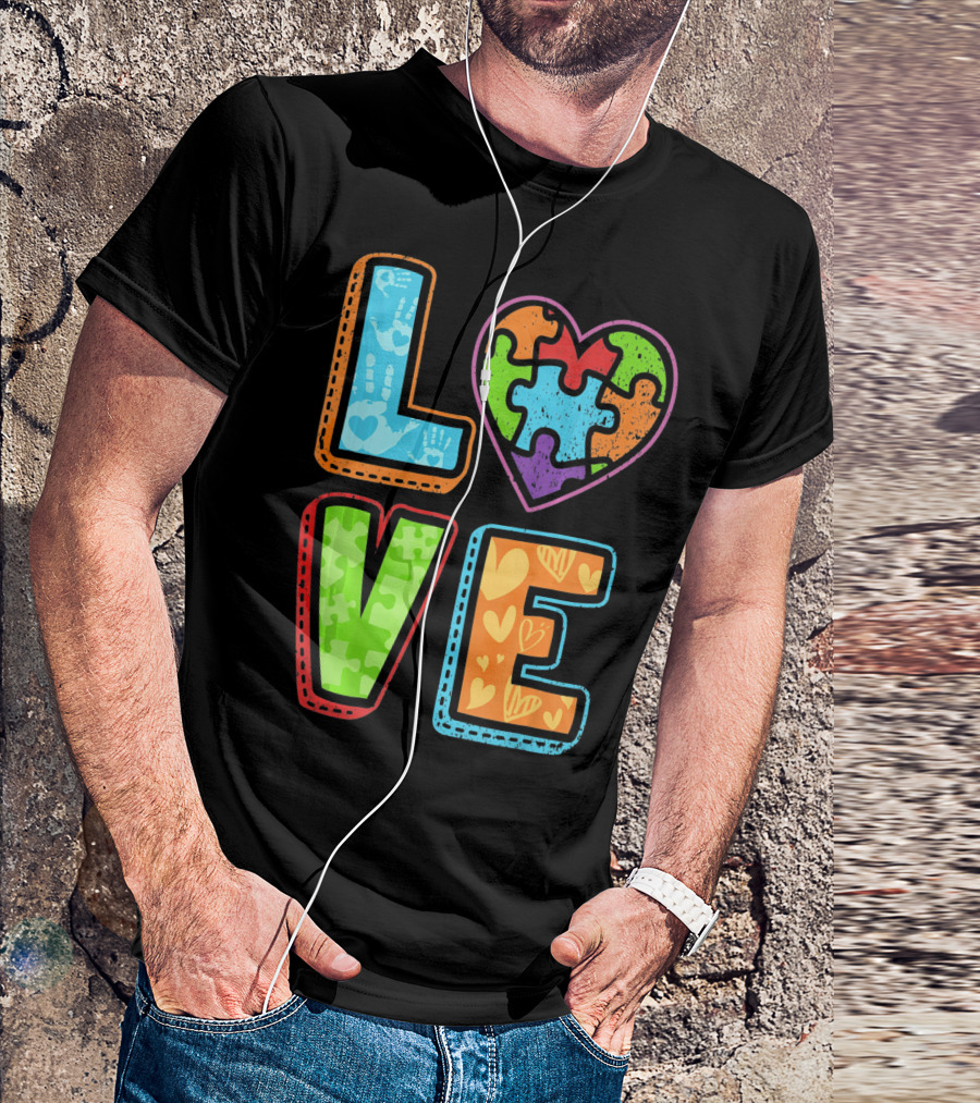 LOVE Heart Autism Awareness Puzzle Handprints T-Shirt