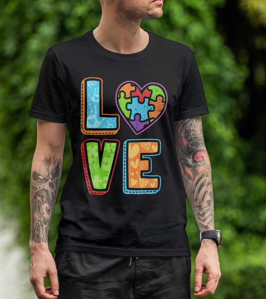 LOVE Heart Autism Awareness Puzzle Handprints T-Shirt