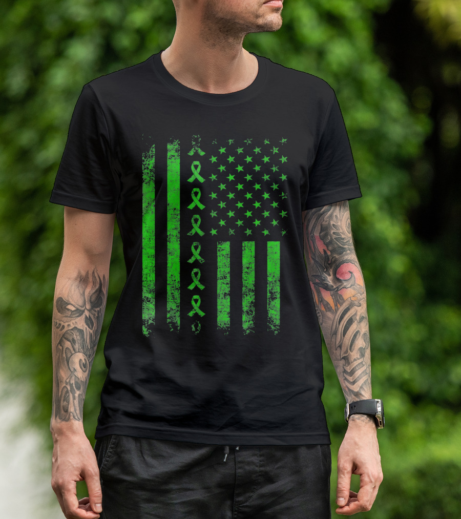 Green Ribbon US Flag Cerebral Palsy Awareness T-Shirt