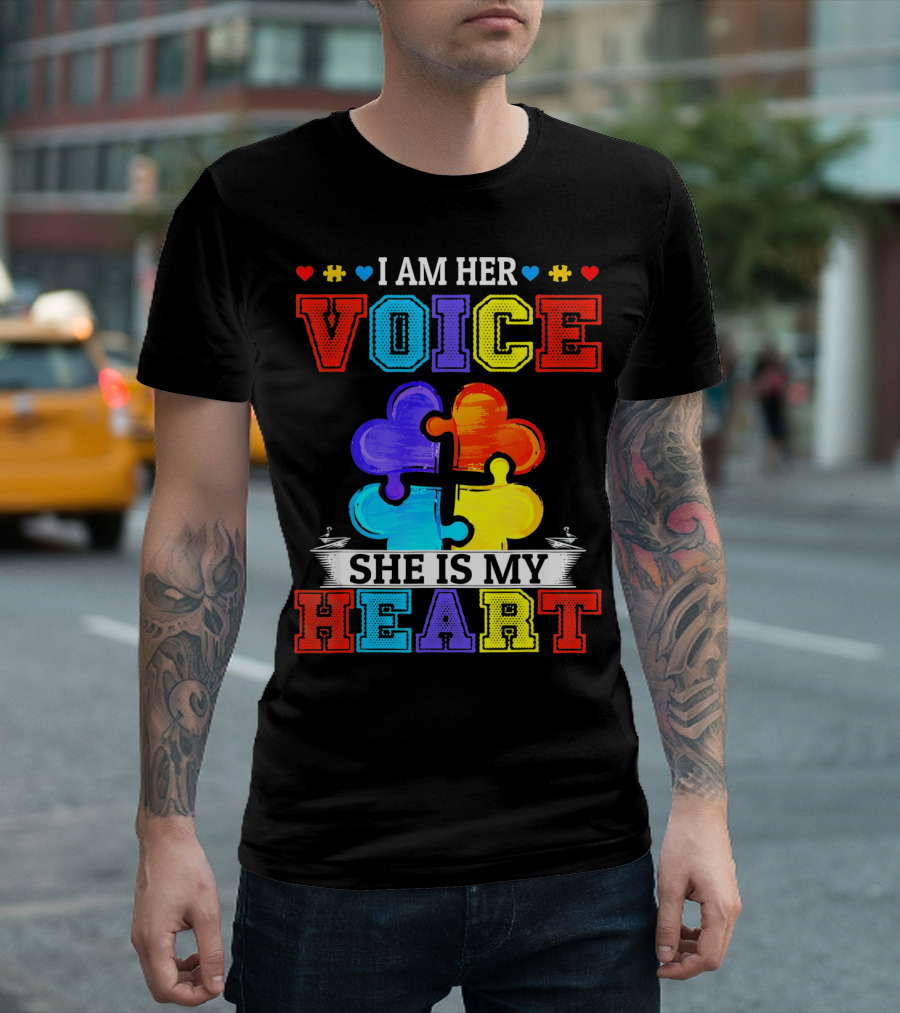 I Am Her Voice She Is My Heart Autism Puzzle Pieces T-Shirt